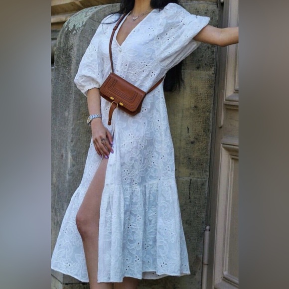 ZARA White Embroidered Eyelet Midi Dress  M Boho Cottagecore Fairycore V Neck - Picture 11 of 11